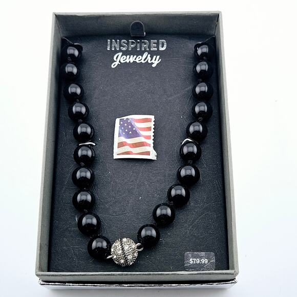 Magnetic Clasp Round Black Bead Necklace Silver Stardust Center Chunky Timeless - Picture 4 of 4